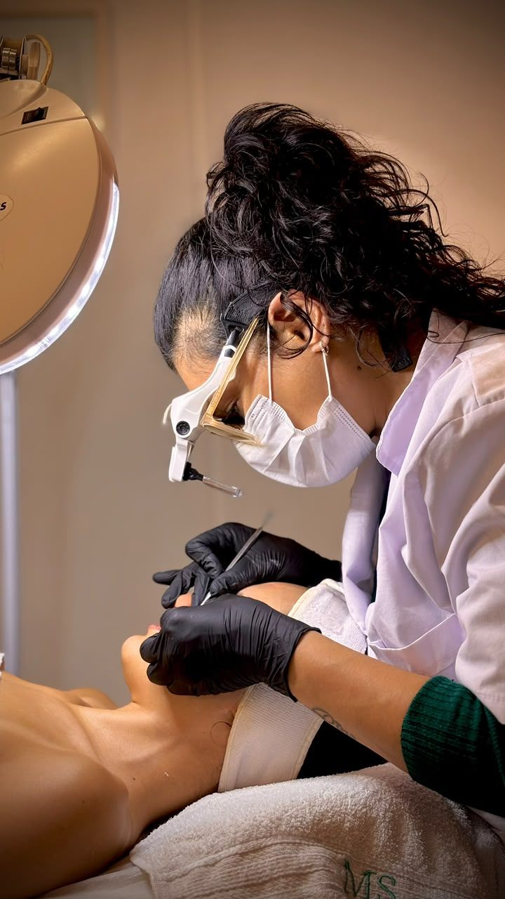 MS realizando un tratamiento facial con lupa